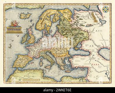 "Europae" Europe. Carte continentale illustrée vintage tirée du Theatrum Orbis Terrarum d'Abraham Ortelius, publié en 1595. Banque D'Images