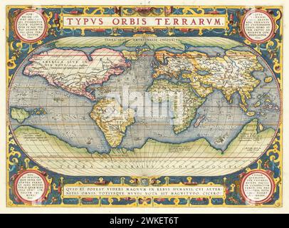 'Typus Orbis Terrarum'- carte du monde. Carte illustrée vintage tirée du Theatrum Orbis Terrarum d'Abraham Ortelius, le premier Atlas mondial moderne, publié en 1595. Banque D'Images