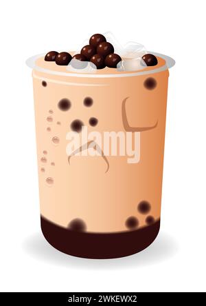 Élevez vos conceptions de nourriture et de boissons avec cette illustration vectorielle d'un thé boba rafraîchissant servi dans un verre en plastique transparent, parfait pour la conception de menu Illustration de Vecteur