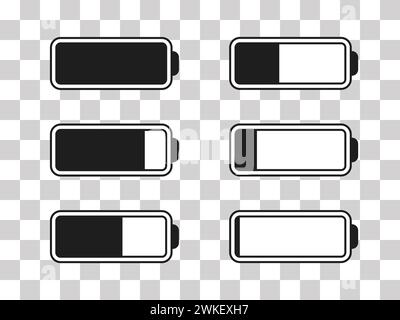 Icône de niveau d'énergie de la batterie définie. Batteries chargées et déchargées. Concept de réutilisation de l'énergie. Étiquettes alcalines. Point de charge de la batterie, charg Illustration de Vecteur