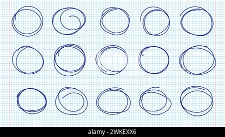 Esquisse de lignes de cercles de stylo dessinés à la main sur les pages de cahier. Dessin stylo bleu circulaire griffonner griffonner des cercles ronds. Illustration vectorielle. Illustration de Vecteur