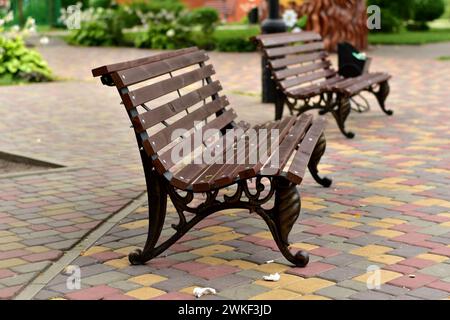 Des bancs en bois sur des pieds pliés en fonte dans le parc de la ville attendent les visiteurs. Banque D'Images