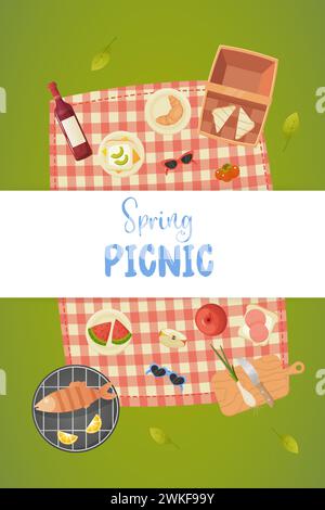 affiche pique-nique de printemps, herbe verte, panier de pique-nique, nourriture de plein air. vecteur Illustration de Vecteur