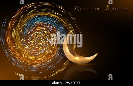 Bannière Ramadan Kareem, croissant d'or 3D lune, salutation de vacances islamique traditionnelle. Conception arabe pour vitrine de produit, présentation, cosmétique, base, Illustration de Vecteur