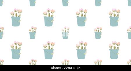 Modèle sans couture avec des tulipes de fleurs dans le seau. Illustration isolée de dessin animé plat vectoriel, fond de mode créatif pour tissu, emballage, papier peint Illustration de Vecteur