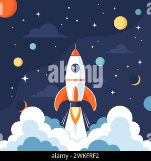 Lancement de fusée dans l'espace avec des planètes et des étoiles en arrière-plan. Illustration vectorielle dans un style plat Illustration de Vecteur