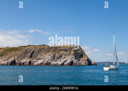 Un yacht passant devant la réserve naturelle nationale de Berry Head Banque D'Images