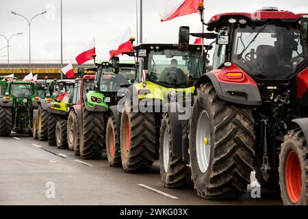 Les agriculteurs polonais avec leurs tracteurs et leurs véhicules bloquent la voie express S3 pendant la manifestation. Les agriculteurs polonais organisent des manifestations contre les céréales ukrainiennes bon marché qui inondent le marché et contre les réglementations de l'UE sur l'utilisation des pesticides et des engrais. Les tracteurs arborant des drapeaux polonais bloquent les autoroutes et les principaux carrefours dans près de 200 sites en Pologne. Crédit : SOPA images Limited/Alamy Live News Banque D'Images