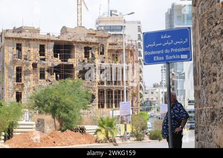 Bâtiment de guerre civile ruines à la Elias Sarkis Boulevard, la ligne verte pendant la guerre. Banque D'Images