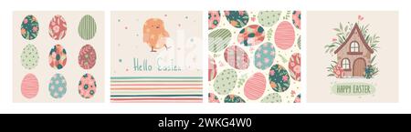 Joyeuses Pâques. Répétitions. Style abstrait géométrique moderne. Un ensemble d'illustrations vectorielles de Pâques. Oeufs de Pâques, lapin. Parfait pour une affiche, une couverture ou Illustration de Vecteur