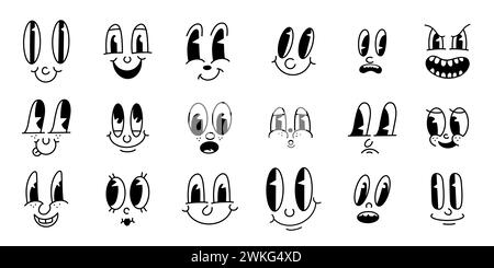 Mascotte de dessins animés rétro des années 30 personnages Funny faces. 50s, 60s vieilles animations yeux et bouches éléments. Sourire comique vintage pour ensemble de vecteur de logo. Smiley Illustration de Vecteur