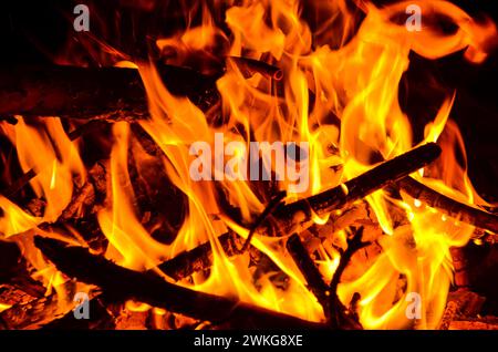 Flammes de feu, gros plan. Feu brûlant avec fond noir. Banque D'Images