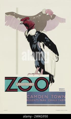 Affiche de voyage vintage pour le métro londonien voyage au zoo de Camden Town, mettant en vedette deux vautours . Par Gregory Brown 1930 Banque D'Images