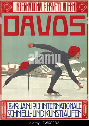 Affiche sportive Vintage Davos International Speed Skating Competition 1913 par Walther Koch, Banque D'Images