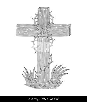 croix en bois avec épine. Pâques . Symbole du christianisme vintage gravure illustration de dessin Illustration de Vecteur