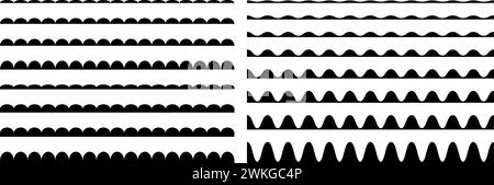 Bordures Wiggly, bandes festonnées, séparateurs ondulés, traits ondulés, brosses courbes isolées sur fond blanc. Motif ondulé sans couture. Enrouler des éléments décoratifs. Illustration graphique vectorielle. Illustration de Vecteur