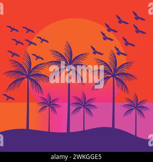 Vecteur Cartoon Beautiful Palms Birds coucher de soleil beau fond rouge Illustration de Vecteur