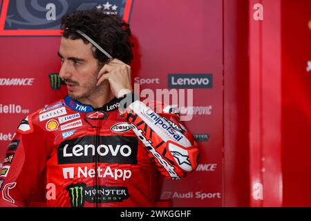 Doha, Qatar. 20 février 2024. Francesco Bagnaia, pilote italien de Ducati Lenovo, est vu lors de la deuxième journée des essais de pré-saison du MotoGP sur le circuit international de Lusail à Lusail, Doha, Qatar, le 20 février 2024. Crédit : Qian Jun/Xinhua/Alamy Live News Banque D'Images