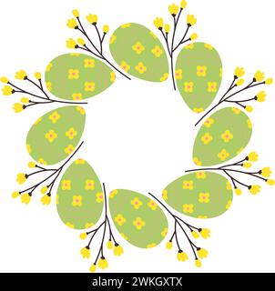Bordure de cadre rond abstrait d'oeufs de Pâques peints et de brindilles fleuries. Copier l'espace. Salutations de Pâques. Isoler. EPS. Vecteur pour cartes, affiches, bannières, brochures, panneaux d'affichage ou étiquette de prix, étiquette ou web Illustration de Vecteur