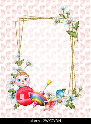 Illustration aquarelle d'un cadre de jouets et de fleurs pour enfants. Gobelet, haut, hochet, marguerites blanches et fond avec empreintes. Isolé sur whi Banque D'Images