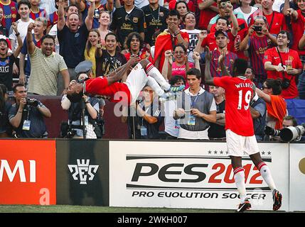 Nani (17) de Manchester United en plein air après avoir marqué le premier but lors d'un match du World Football Challenge contre le FC Barcelone au Fedex Field, à Landover, Maryland. Manchester United a gagné 2-1. Banque D'Images