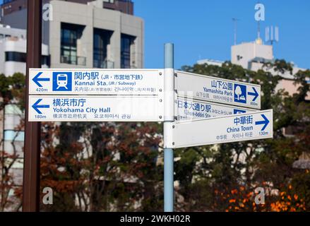 Un panneau de rue piétonne montrant les directions pour la gare de Kannai, Odori Park et plusieurs autres endroits à Yokohama. Banque D'Images