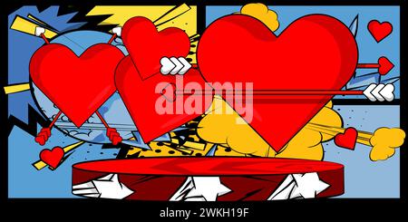 Comic Book Product podium stage pour la présentation de maquette avec Arrow Heart. Fond de symbole de la Saint-Valentin de bandes dessinées rétro. Illustration de Vecteur