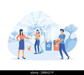 Concept d'écologie. Les gens respectueux de l'environnement avec le globe terrestre, sauver la planète, protéger et se soucier de l'environnement. illustration moderne vectorielle plate Illustration de Vecteur