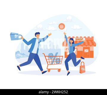 Les gens heureux avec panier et sacs à provisions, réductions, achats en ligne, Grande vente. illustration moderne vectorielle plate Illustration de Vecteur