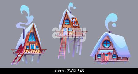 Cabine en bois avec porche sur piliers, toit couvert de neige et cheminée avec fumée. Ensemble de vecteur de dessin animé de petite maison triangulaire en bois pour station de montagne ou de forêt et camping. Chalet enneigé confortable. Illustration de Vecteur