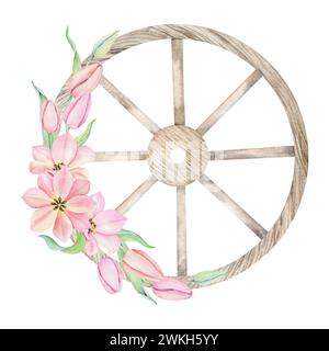 Vieille roue en bois avec des fleurs de tulipe roses. Bouquet floral printanier peint à la main. Illustration aquarelle pour cartes de voeux, invitations de mariage rustique Banque D'Images
