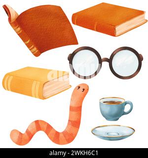 jeu d'aquarelles. un ver de bibliothèque, des verres, des livres et une tasse de thé ou de café. style de dessin animé, pour les conceptions liées au livre, les promotions de lecture, et littéraire Banque D'Images