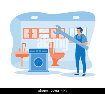 Plombier masculin avec des outils de travail réparant les toilettes de salle de bains. illustration moderne vectorielle plate Illustration de Vecteur