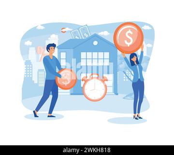 Vecteur de jeune couple investissant de l'argent dans l'immobilier. Prêt bancaire et concept d'épargne. illustration moderne vectorielle plate Illustration de Vecteur