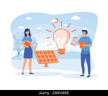 Installation de panneaux d'énergie solaire. Les travailleurs sur le terrain et les chefs de projet font la démonstration du système. Développement durable. vecteur plat illustrati moderne Illustration de Vecteur