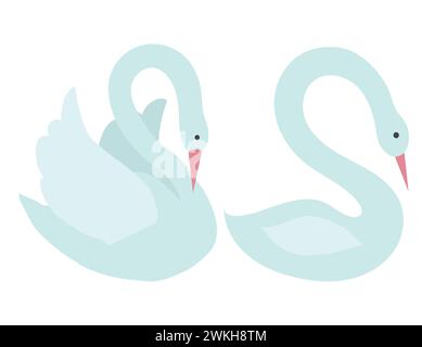 Deux cygnes blancs dans le style de bande dessinée. Illustration vectorielle isolée sur fond blanc. Illustration de Vecteur