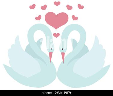 Une paire de cygnes blancs et de coeurs roses venant d'eux. Style dessin animé. Illustration vectorielle isolée sur fond blanc. Illustration de Vecteur