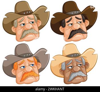 Quatre humeurs d'un personnage de cow-boy stylisé Illustration de Vecteur