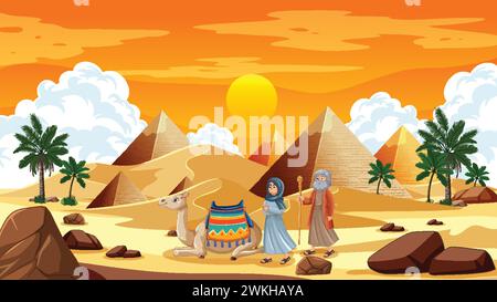 Illustration d'Egyptiens avec chameau près des pyramides. Illustration de Vecteur