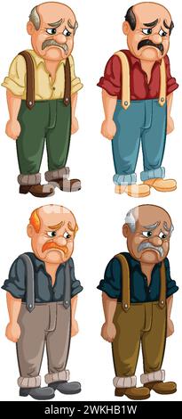Quatre hommes âgés avec diverses expressions tristes. Illustration de Vecteur