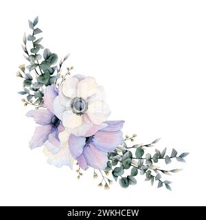 Composition d'angle de lilas pastel et d'anémones blanches avec des fleurs de coquelicots des champs, illustration aquarelle d'eucalyptus Banque D'Images