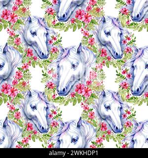 Modèle sans couture avec des chevaux et des fleurs. Pour concevoir des invitations de fête, des cartes de voeux, des flyers, des couvertures, des enfants portant, literie, cadeaux. Filles Banque D'Images