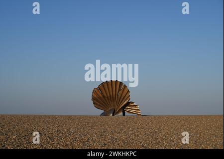 Coquillage solitaire sur une plage de sable sous un ciel bleu clair Banque D'Images