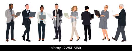 Homme d'affaires différent, femme travaillant à l'ordinateur portable. Illustration de Vecteur