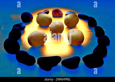 Baie de fruit kiwi sur bleu or abstrait avec des pierres Banque D'Images