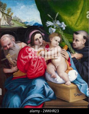 Lorenzo Lotto, la Vierge à l'enfant avec les saints Jérôme et Nicolas de Tolentino, peinture à l'huile sur toile, 1522 Banque D'Images