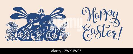 Bannière horizontale vectorielle avec texte de calligraphie joyeuse pâques et silhouette d'une famille de lapin parmi les fleurs avec papillon Illustration de Vecteur