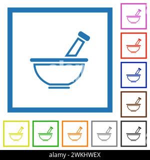 Mortier et pilon délimitent des icônes de couleur plate dans des cadres carrés sur fond blanc Illustration de Vecteur