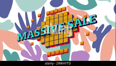 Image de texte de vente massive rétro sur des carrés jaunes avec des feuilles de couleur pastel sur blanc Banque D'Images