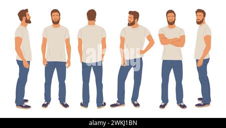 Personnage d'homme occasionnel debout dans différentes poses. Illustration de Vecteur